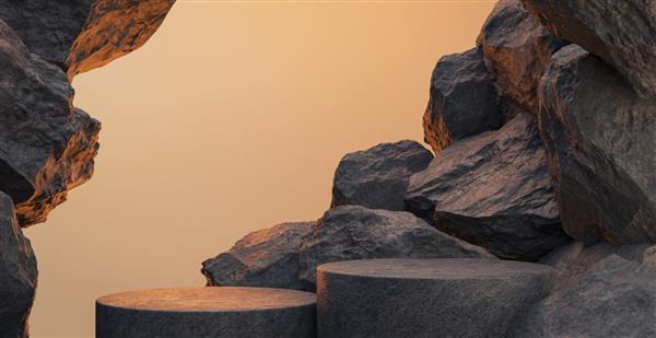 پس زمینه سیاه هندسی سنگ و صخره ماکت مینیمالیستی برای نمایش سکو یا ویترین رندر سه بعدی