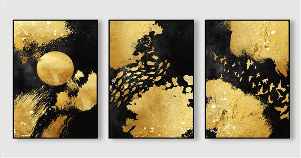 مجموعه هنر دیوار نقاشی انتزاعی پوستر جلد چاپ پس زمینه نقاشی شده با آبرنگ خلاقانه رنگارنگ جوهر مشکی طلایی سه تایی