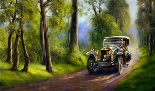 ماشین قدیمی در جنگل منظره نقاشی رنگ روغن حرکت یک ماشین قدیمی در جاده ای در جنگل روز آفتابی