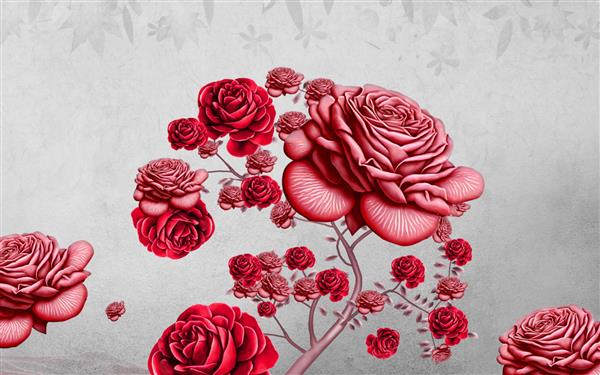 کاغذ دیواری سه بعدی دیواری با پس زمینه خاکستری روشن با نقاشی گل رز قرمز و ساده طراحی گل های مدرن برای دکوراسیون اتاق خواب