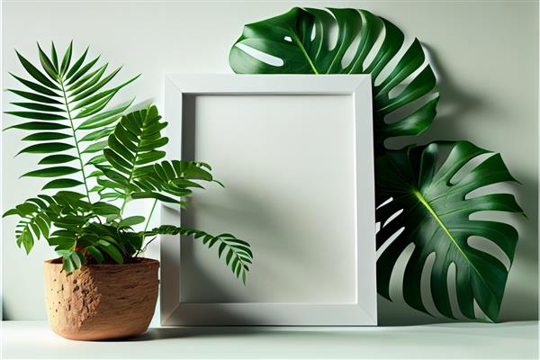 ماکت یک قاب چوبی در یک محیط سفید ابتدایی صحنه مد روز با گیاه سبز ایده آل برای نمایش آثار هنری عکس ها تصاویر