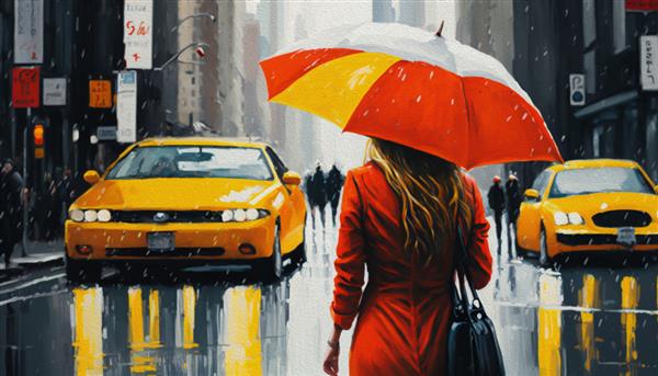 نقاشی رنگ روغن روی بوم نمای خیابان نیویورک زن زیر چتر قرمز تاکسی زرد آثار هنری مدرن شهر آمریکایی تصویر نیویورک