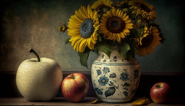 طبیعت بی جان با گل آفتابگردان و سیب بافت برای جلوه های هنری