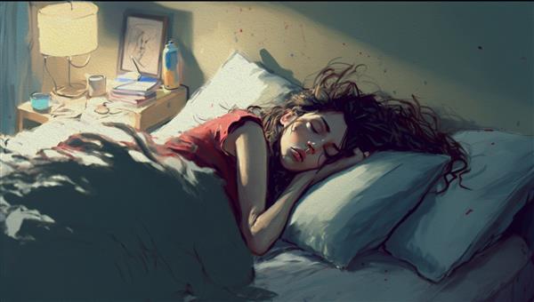زن جوان خوابیده روی تختش نقاشی دیجیتال