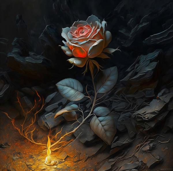 گل رز مدفون در خاکستر با اخگرهای درخشان نقاشی رنگ روغن