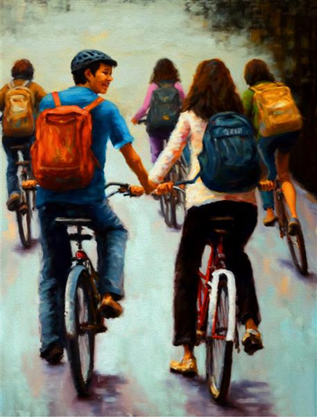 ترک مردان و زنان جوان نقاشی رنگ روغن دوچرخه سواری