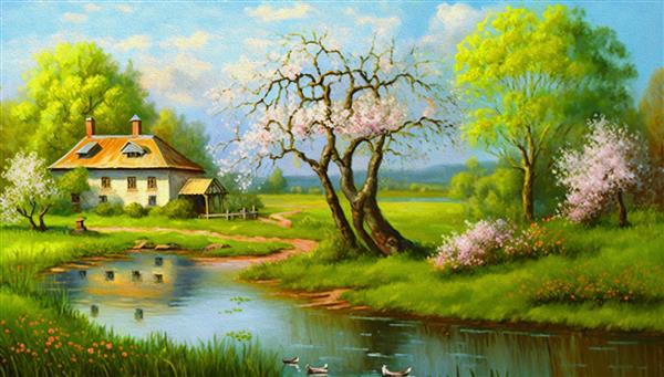 منظره بهاری با درخت خانه قدیمی در یک چمنزار نقاشی رنگ روغن منظره روستایی منظره زیبا به سبک قدیمی یک خانه روستایی قدیمی یک باغ گلدار یک حوض کوچک با اردک
