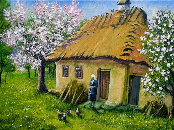 نقاشی رنگ روغن منظره روستایی کلبه اوکراینی در روستا آثار هنری هنرهای زیبا