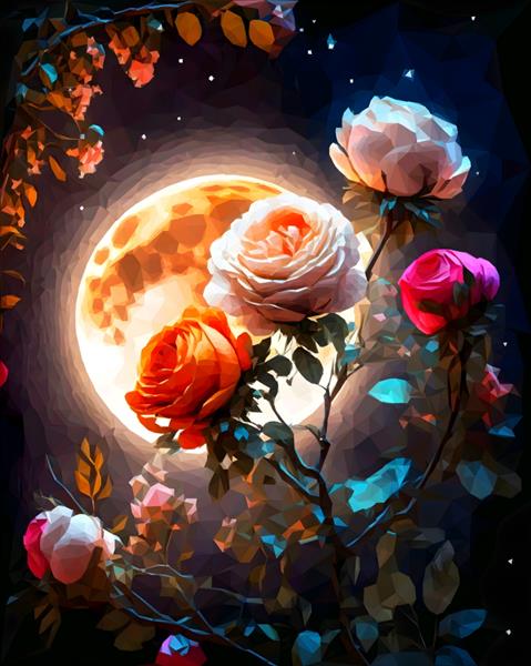نقاشی از گل ها با ماه در پس زمینه