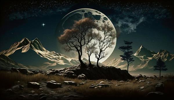 نقاشی رنگ روغن درختان کوه ها و ماه سفید در پس زمینه منظره سه بعدی تیره