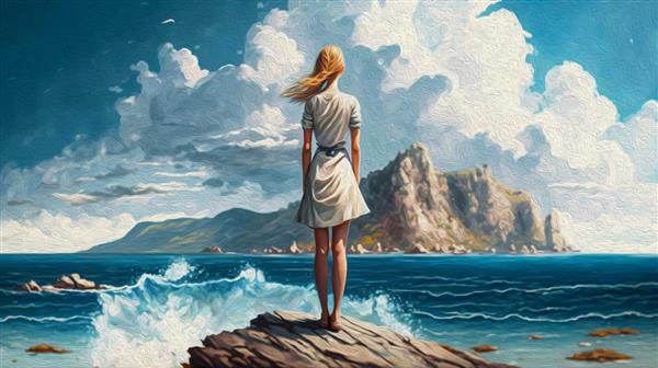 نقاشی رنگ روغن زنی که روی دریا ایستاده و به آسمان تابستان نگاه می کند
