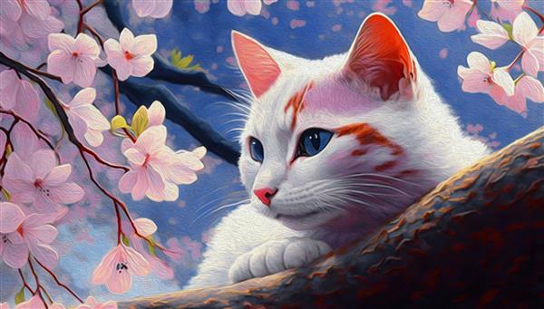 نقاشی رنگ روغن گربه با دیدن شکوفه های گیلاس آرام می گیرد