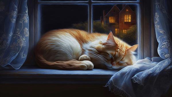 نقاشی رنگ روغن گربه ای که شب ها آرام کنار پنجره می خوابد صحنه آرامش بخشه