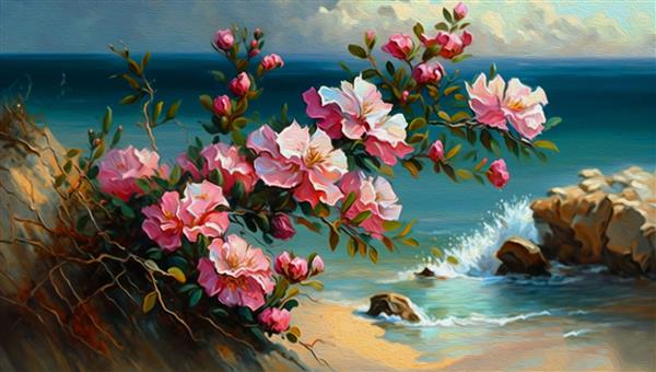نقاشی رنگ روغن گلهای صورتی کنار دریا
