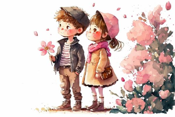 پسر و دختر ناز عاشق در روز ولنتاین عاشقانه به سبک کارتونی تصویر سه بعدی