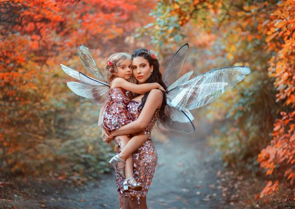 پری زن فانتزی دختر کوچکی را در آغوش گرفته است مادر و دختر در آغوش گرفته اند و چهره ای شاد به دوربین نگاه می کنند لباس های کارناوال پری بال های پروانه لباس های همسان صورتی براق تیراندازی خانوادگی