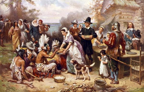 اولین روز شکرگزاری 1621 زائران و بومیان گرد هم می آیند تا یک غذا را به اشتراک بگذارند نقاشی رنگ روغن اثر ژان لوئیس جروم فریس 1932
