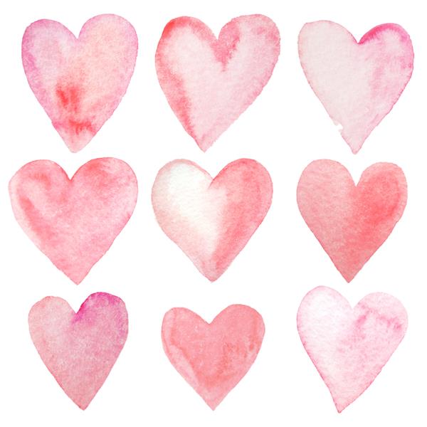 مجموعه ای از قلب های آبرنگ نقاشی شده با دست اشیاء جدا شده مناسب برای کارت روز ولنتاین یا کارت پستال های عاشقانه