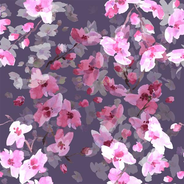تصویر آبرنگ الگوی بدون درز شکوفه گیلاس - S