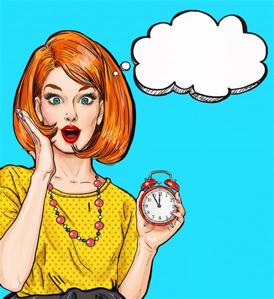 دختر پاپ آرت غافلگیرکننده با ساعت با حباب فکری مربی مدیریت زمان به شما یاد می دهد که چگونه موثرتر باشید