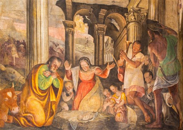 برشیا ایتالیا - 21 مه 2016 نقاشی دیواری عیسی مسیح توسط Lattanzio Gambara 1530 - 1574 در کلیسای Chiesa del Santissimo Corpo di Cristo