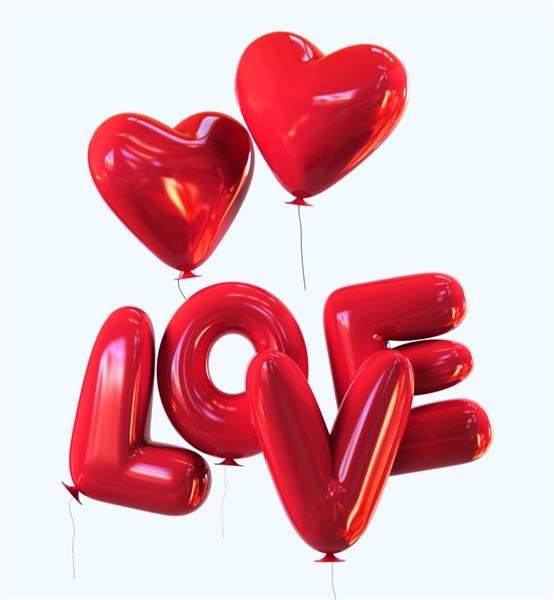 قلب قرمز هلیوم LOVE بالن با انعکاس براق جدا شده رندر سه بعدی
