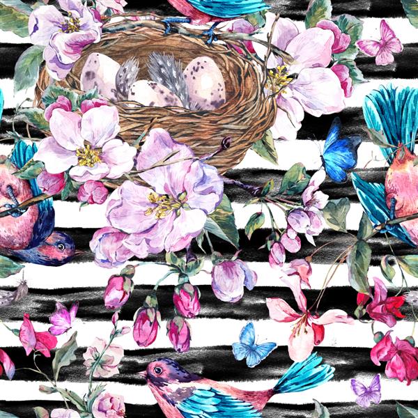الگوی بدون درز بهاری آبرنگ باغچه با گل های صورتی با شاخه های شکوفه هلو گلابی درختان سیب پرندگان لانه و پروانه ها تصویر گیاه شناسی در زمینه راه راه