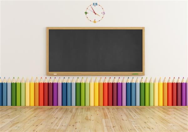 کلاس خالی با تخته سیاه و مداد رنگارنگ روی دیوار - رندر سه بعدی