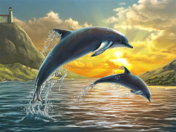 دو دلفین در حال پریدن از دریا بر فراز غروب زیبا نقاشی دیجیتال