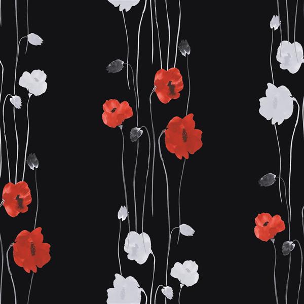 الگوی بدون درز گل‌های قرمز و سفید خشخاش در پس‌زمینه سیاه آبرنگ