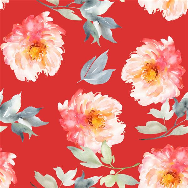 الگوی تابستانی بدون درز با گل های آبرنگ دست ساز گل صد تومانی در پس زمینه قرمز