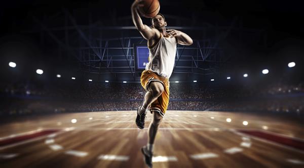 بازیکن بسکتبال در حال عمل در ورزشگاه نمای پانوراما رندر سه بعدی