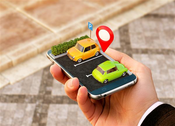 برنامه تلفن هوشمند برای جستجوی آنلاین مکان پارکینگ رایگان روی نقشه ناوبری GPS مفهوم پارکینگ
