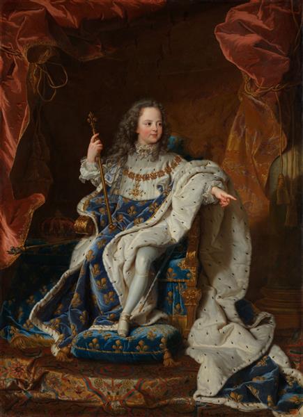 لوئیس پانزدهم اثر هیاسنت ریگا 1714 نقاشی باروک فرانسوی رنگ روغن روی بوم او در سن پنج سالگی و جانشینی پدربزرگش بر تخت سلطنت نشست و از 1714 تا 1774 سلطنت کرد