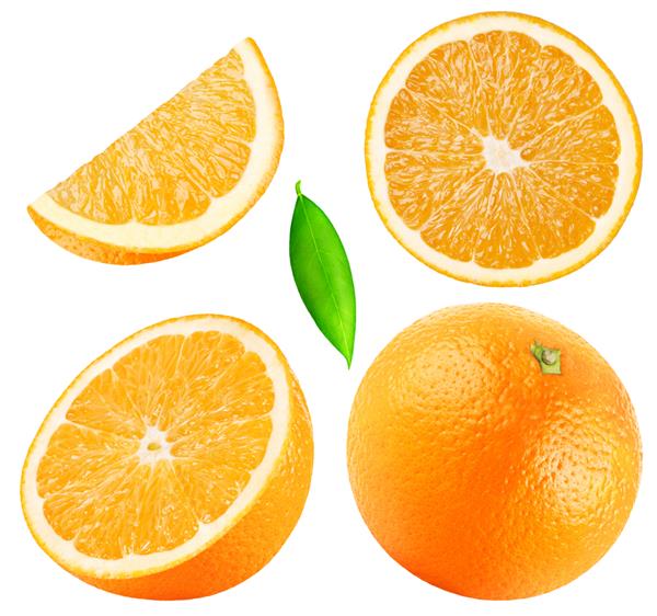 پرتقال جدا شده مجموعه ای از میوه های پرتقال کامل نصف تکه ای با برگ جدا شده در پس زمینه سفید با مسیر برش