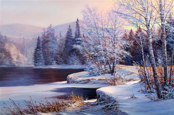 منظره زمستانی با رودخانه نقاشی رنگ روغن اصلی