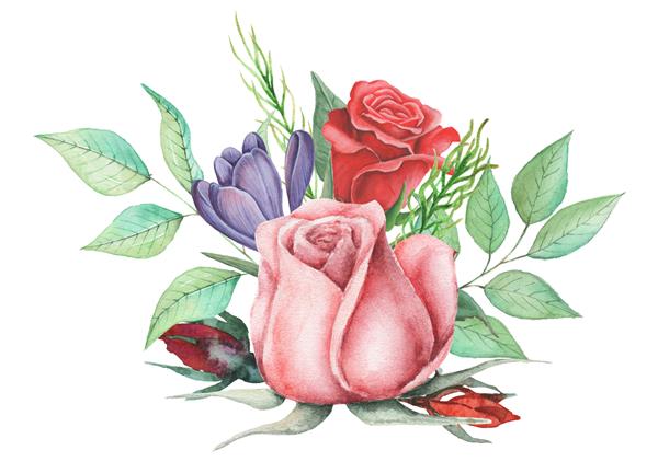 طرح دعوت با آبرنگ با دسته گل ترکیبات گلدار نقاشی شده با دست جدا شده در زمینه سفید