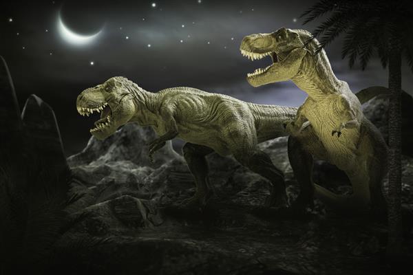 منظره کوهستانی شب هنر تخت دایناسور با ستاره ها و ماه درخشان