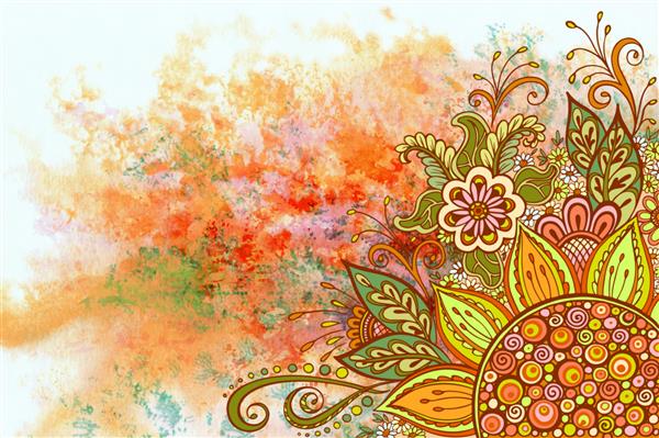 الگوی گل گل ها و برگ های نمادین زیور آلات رنگارنگ در پس زمینه نقاشی آبرنگ با طراحی دستی