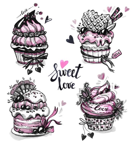دسر خوش طعم آبرنگ کارت تبریک با کلمات دلنشین تصویر اصلی طراحی شده با دست ست غذای شیرین مناسب برای چاپ پوستر طراحی مد کارت تبریک