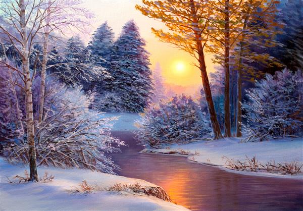 منظره زمستانی با رودخانه نقاشی رنگ روغن اصلی