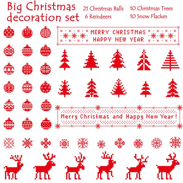 مجموعه تزئینی بزرگ کریسمس از 21 توپ 10 درخت 10 دانه برف و 6 گوزن شمالی سبک سنتی اسکاندیناویایی نوردیک تصاویر پیکسل قرمز با پس زمینه سفید فایل jpg رستر