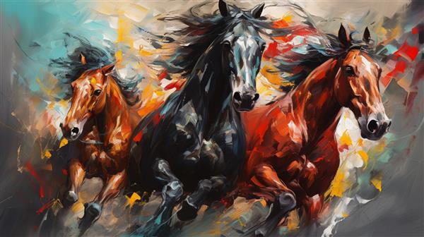 نقاشی مدرن انتزاعی عناصر فلزی پس زمینه بافت حیوانات اسب