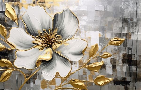 نقاشی مدرن انتزاعی عناصر فلزی پس زمینه بافت گل گیاهان و گل در گلدان گرافیتی اسب
