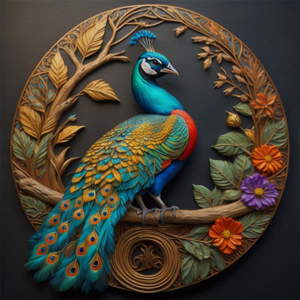 نقاشی رنگ روغن سه بعدی از طاووس نشسته روی شاخه درخت با گل و هنر طراحی اکریلیک پروانه یک اثر هنری