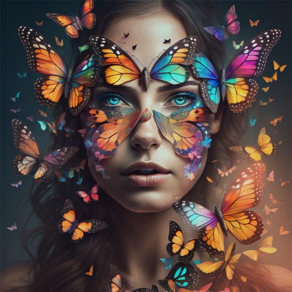 تصویر سه بعدی - پرتره رنگارنگ انتزاعی از یک دختر زیبا با پروانه ها رندر سه بعدی