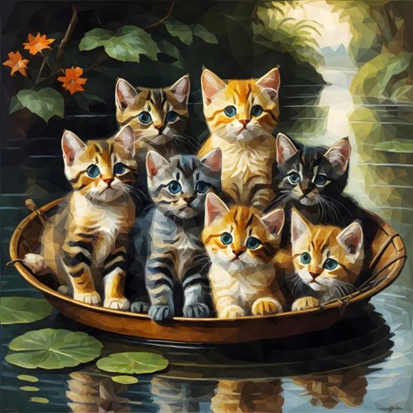 نقاشی گروهی از بچه گربه ها در یک قایق عکس زیبا از بچه گربه ها