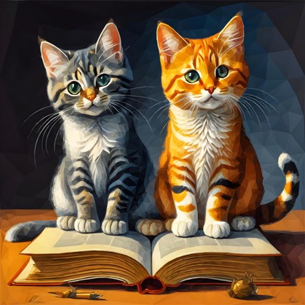 دو گربه که بالای یک کتاب باز نشسته اند تصویری از دو گربه عکس زیبا از گربه های ناز