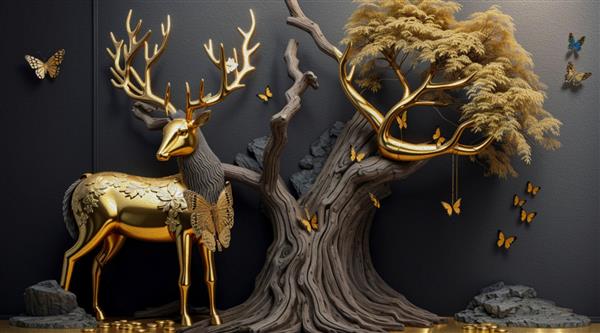 تصویر سه بعدی - نقاشی رنگ روغن پس زمینه دیوار بافت خاکستری درخت مرده با پروانه طلایی مجسمه دو آهو طلایی