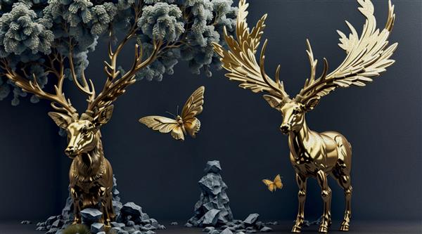 تصویر سه بعدی - نقاشی رنگ روغن پس زمینه دیوار بافت خاکستری درخت مرده با پروانه طلایی مجسمه دو آهو طلایی